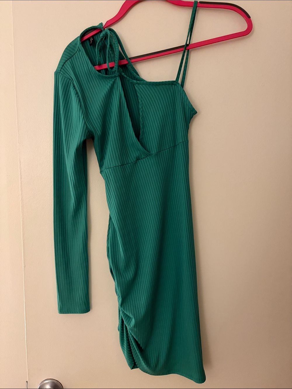 Green One-Shoulder Ribbed Bodycon Dress